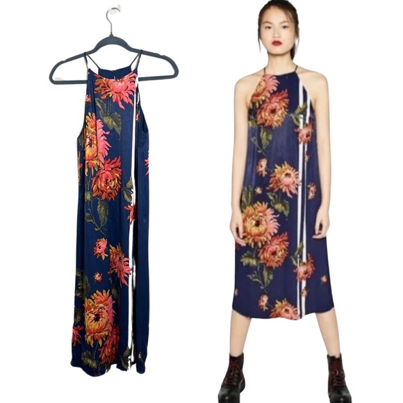 Zara Trafaluc Collection Blue Floral Vertical Stripe Halter Midi Dress Small - Picture 1 of 14
